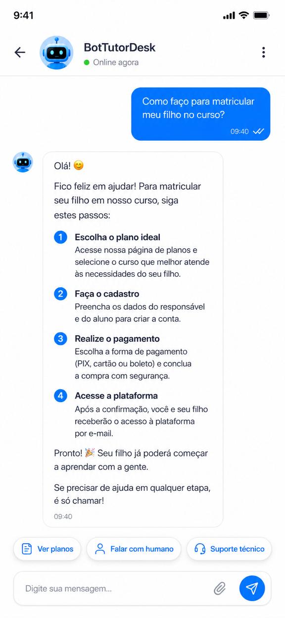 Mockup do BotTutorDesk.ai — conversa entre aluno e assistente virtual